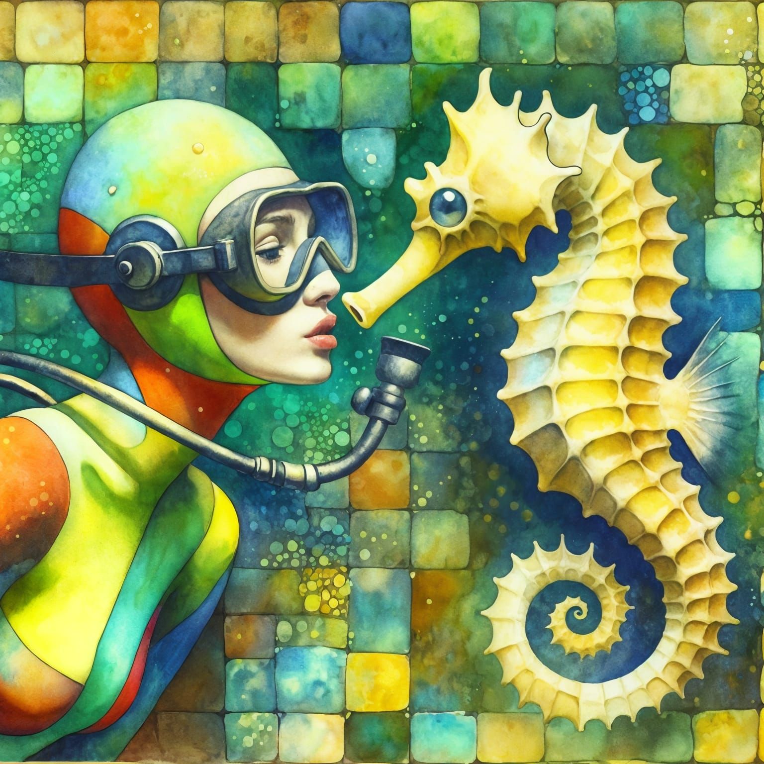 Surreal Diver and Seahorse in Watercolor Style