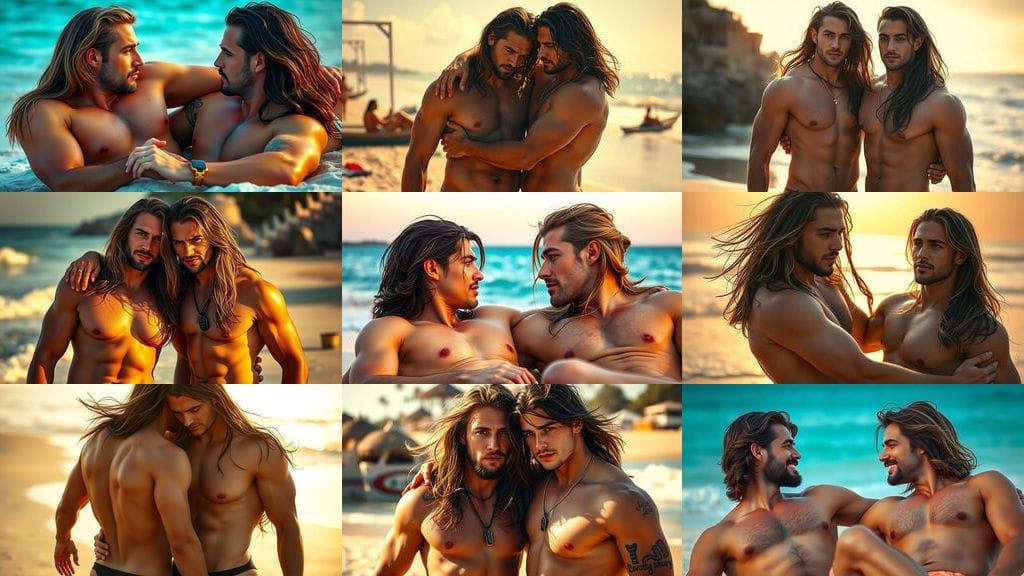 Gay Couple Sunbathing on Beach in Hyperrealistic Style