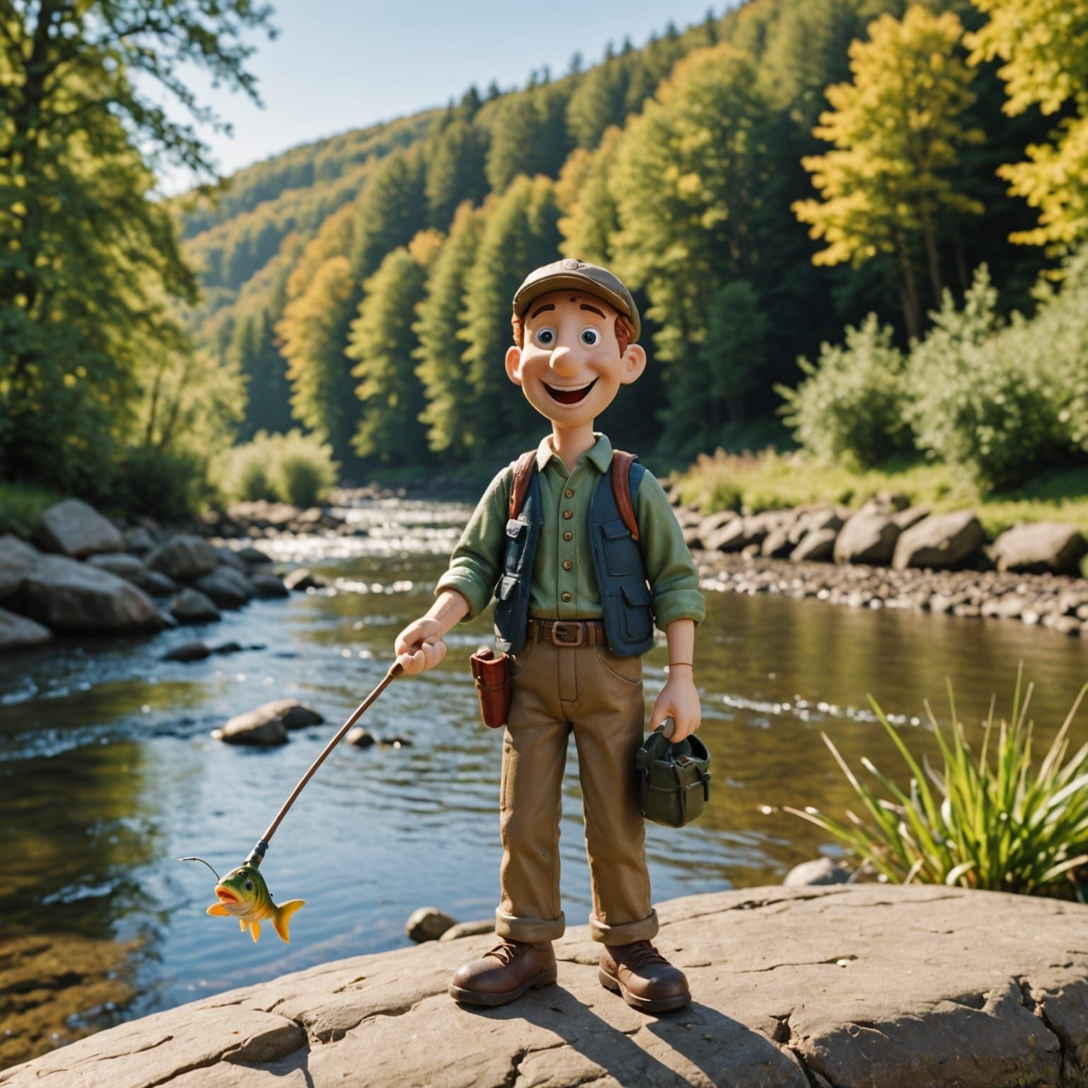 Joyful Claymation Fisherman Basks in Sunny River Scene