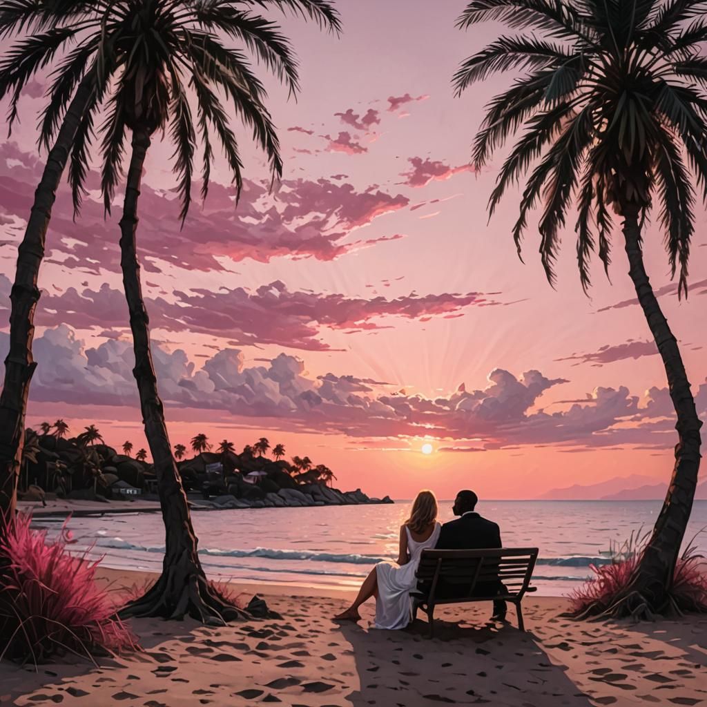 Romantic Sunset Beach Scene in Pre-Raphaelite Style
