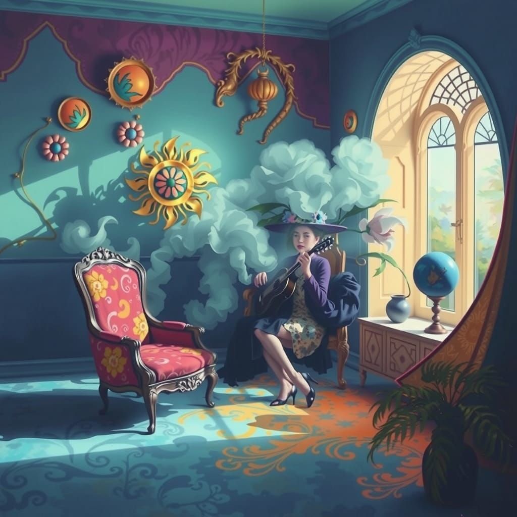 blue, turquoise, purple room with ornate plush antique chair...