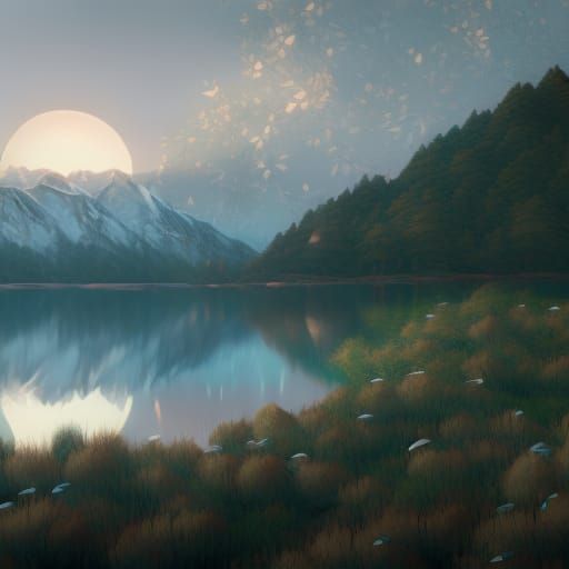 Moonlit Lake Reflection, Hyperdetailed Splash Art
