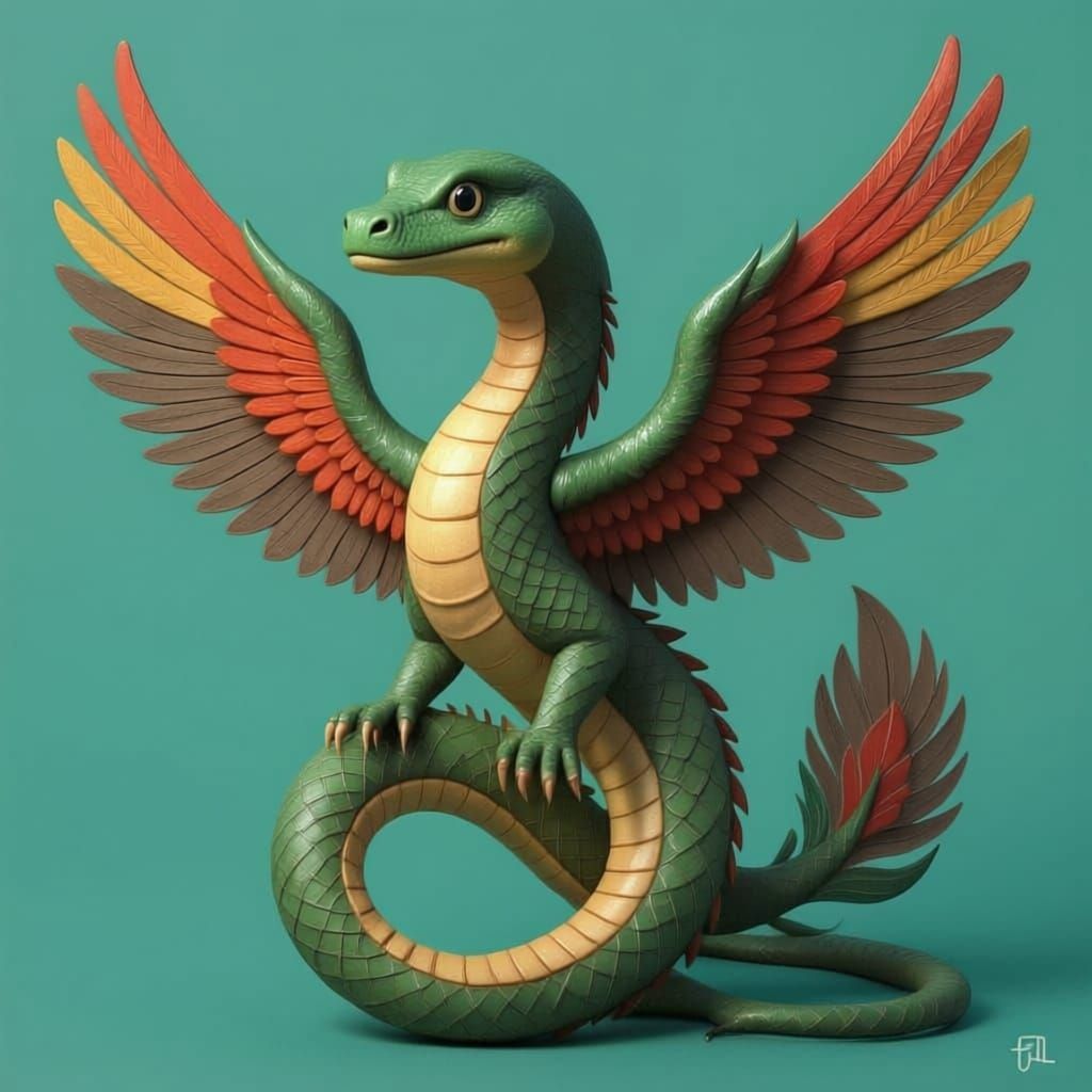 Quetzalcoatl with Vibrant Feathered Wings, Open Jaw