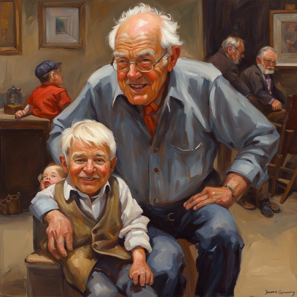 Mischievous Grandfather and Grandson: An Oil Painting