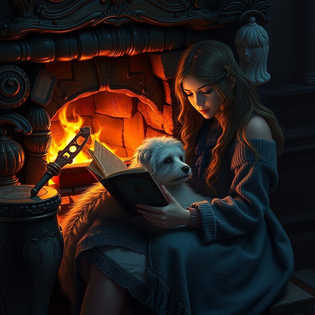 Cozy Girl Reading Book with Dog: Fantasy Concept Art