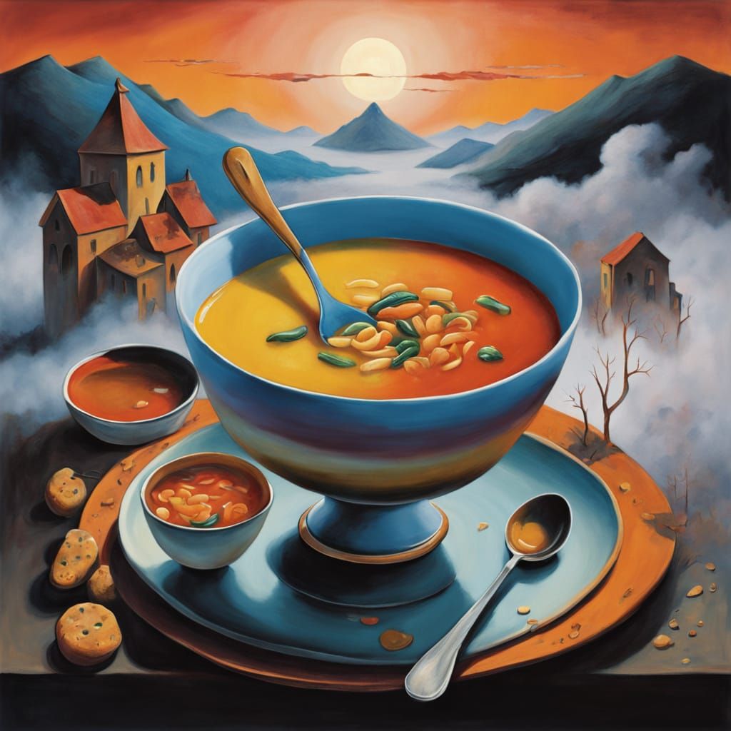 Surreal Soup Scene in Dreamlike Landscape