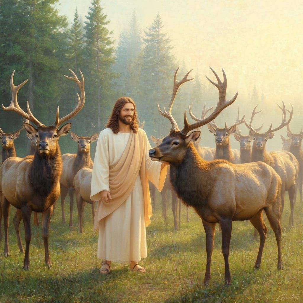 Jesus Smiling Among a Herd of Elk in Canadian Forest