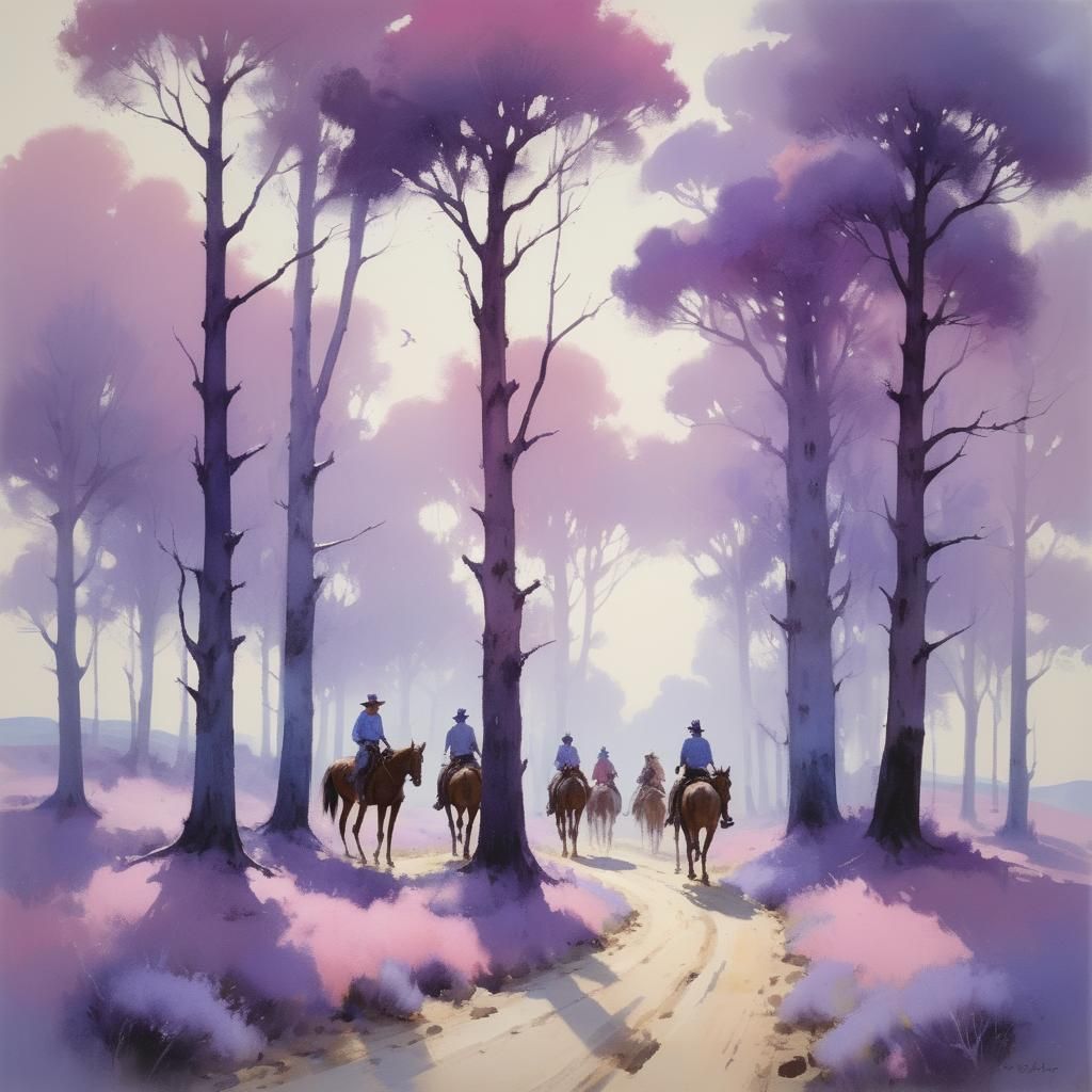 Riders Among Purple Sage in Watercolor Style