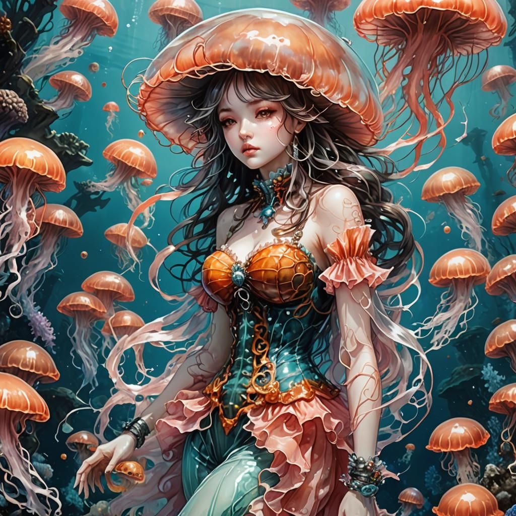 Biopunk Jellyfish Woman on Coral Reef