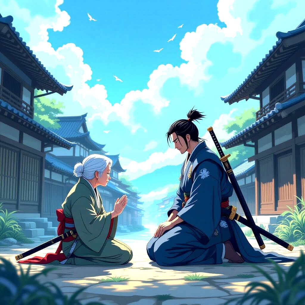 Samurai Prays to Mother in Bamboo Village, Anime Style