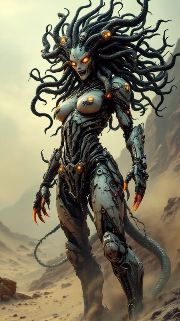 Cybernetic Medusa Reigns in Post-Apocalyptic Wasteland