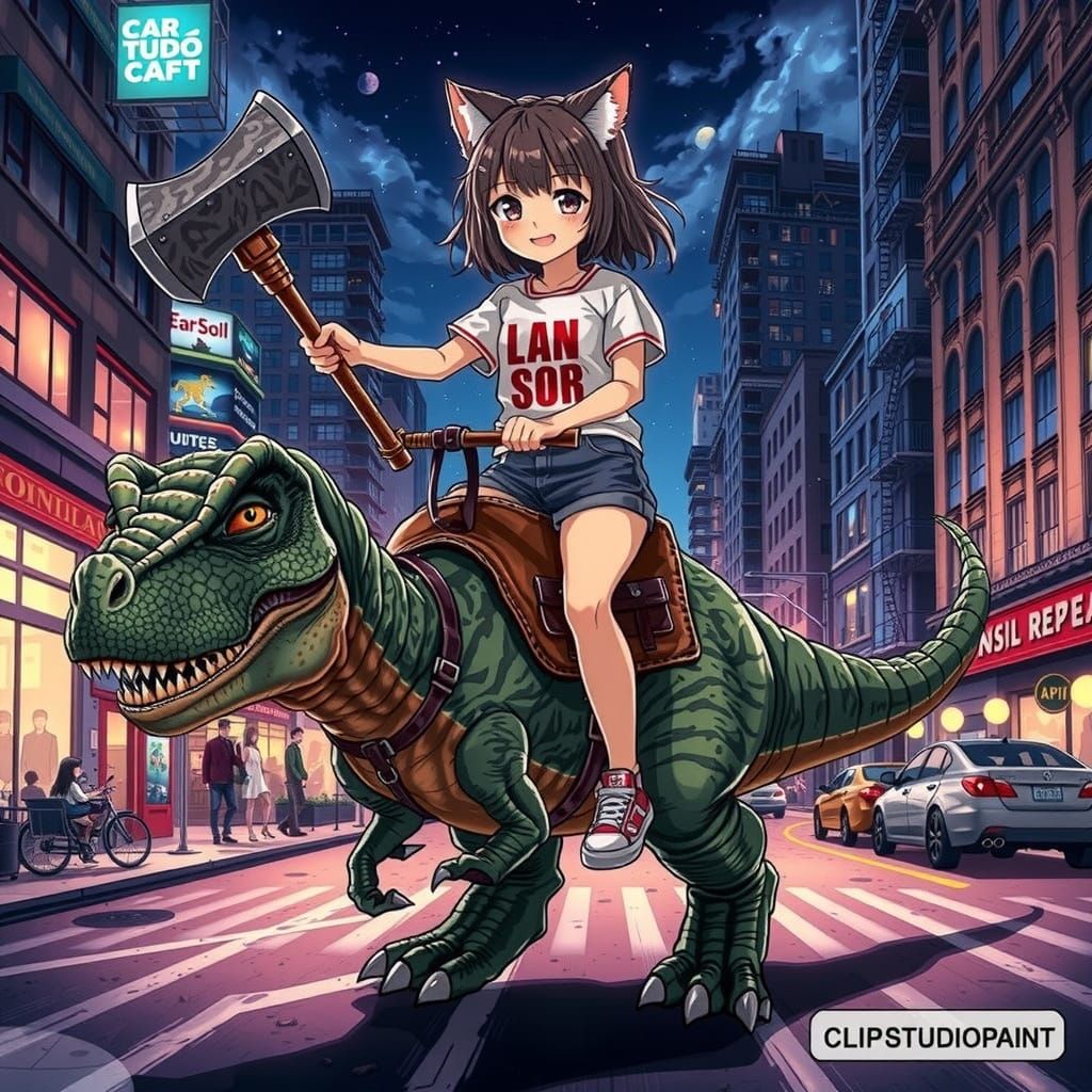 Girl Rides T-Rex Through Cyberpunk City: Anime Style