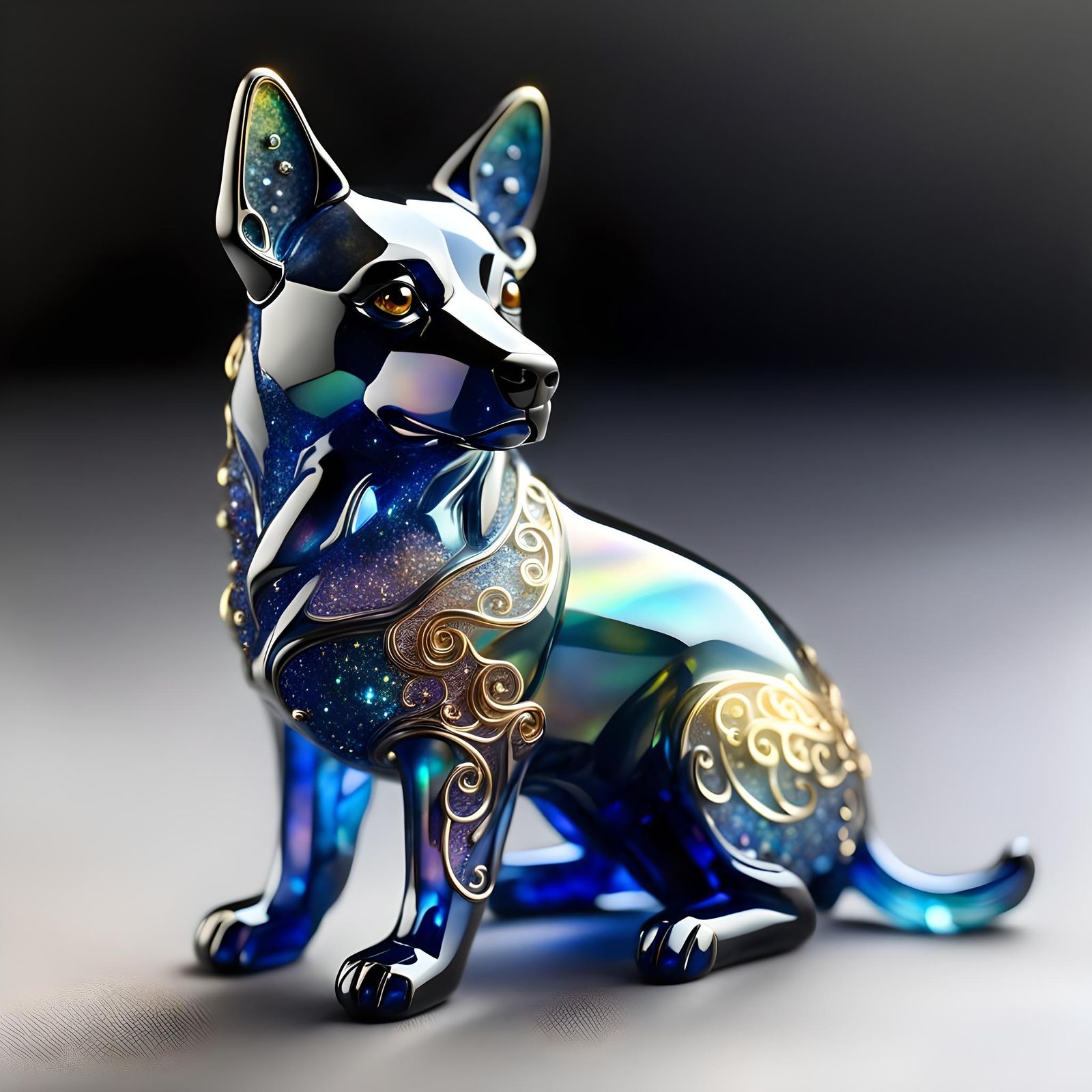 Iridescent Sapphire Dog with Golden Accents