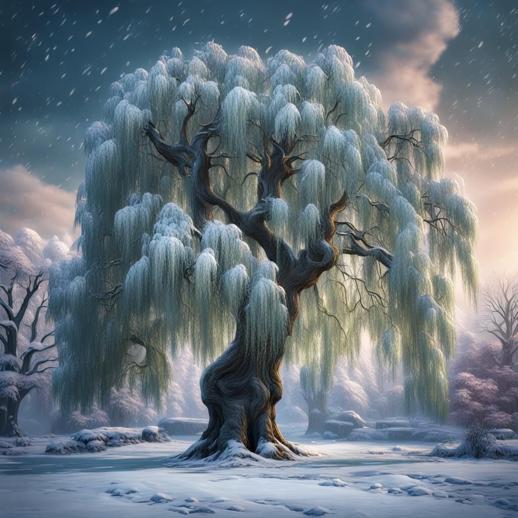 Weeping Willow in Snowy Winter Landscape