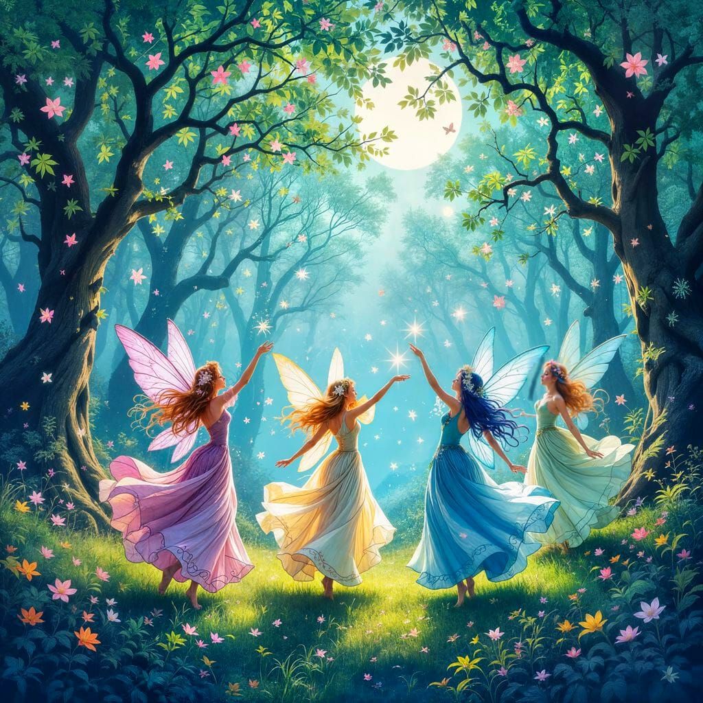 Colorful Fairies Dance in Moonlit Forest with Blossoms