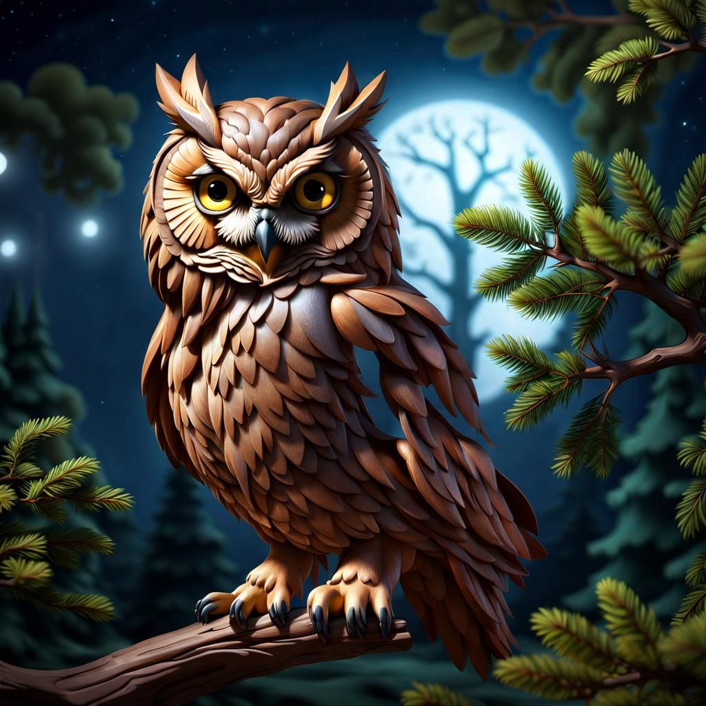 Photorealistic 3D Owl Perched at Night