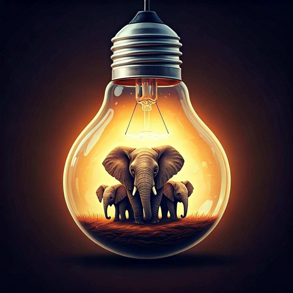 Elephant Triplets in Lightbulb: Surreal Savannah Scene
