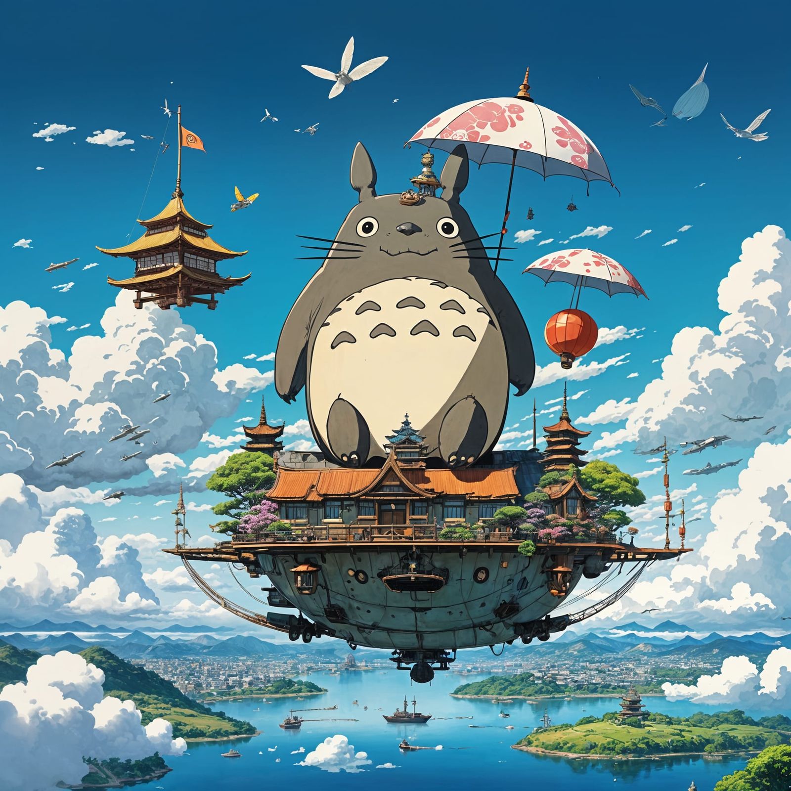 Majestic Laputa Castle Soars with Airships in Ukiyo-e Style