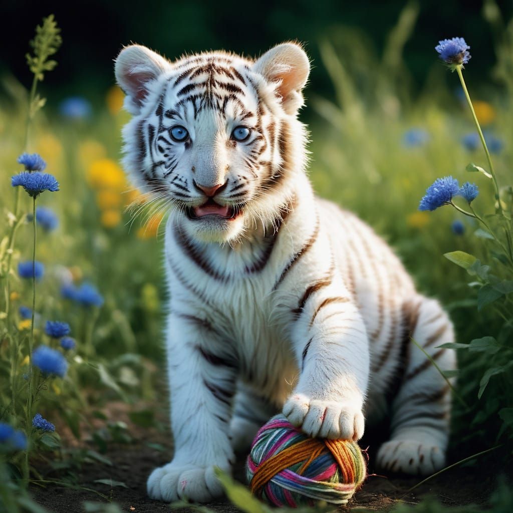Adorable White Tiger Cub in Vibrant Wildflower Meadow