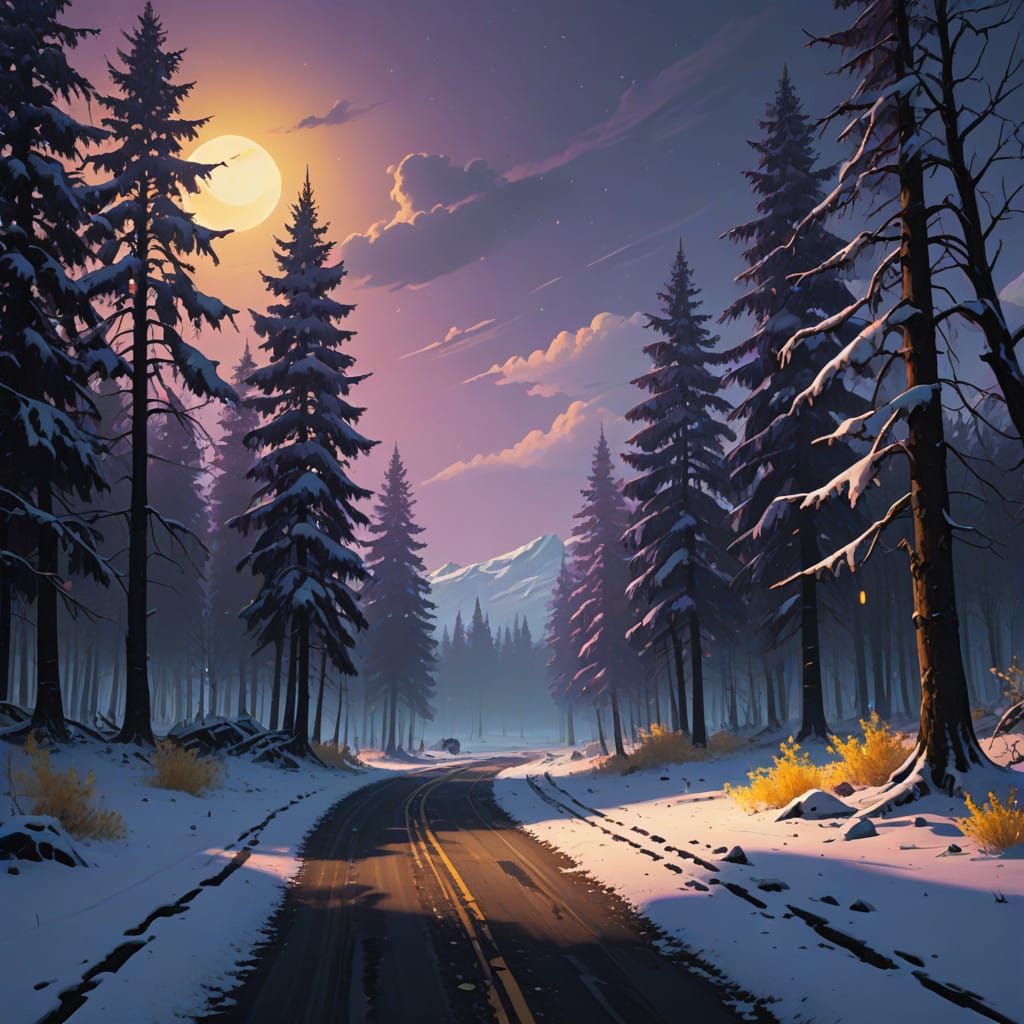 Winter Forest at Night: Mysterious, Snowy Landscape in Soft,...