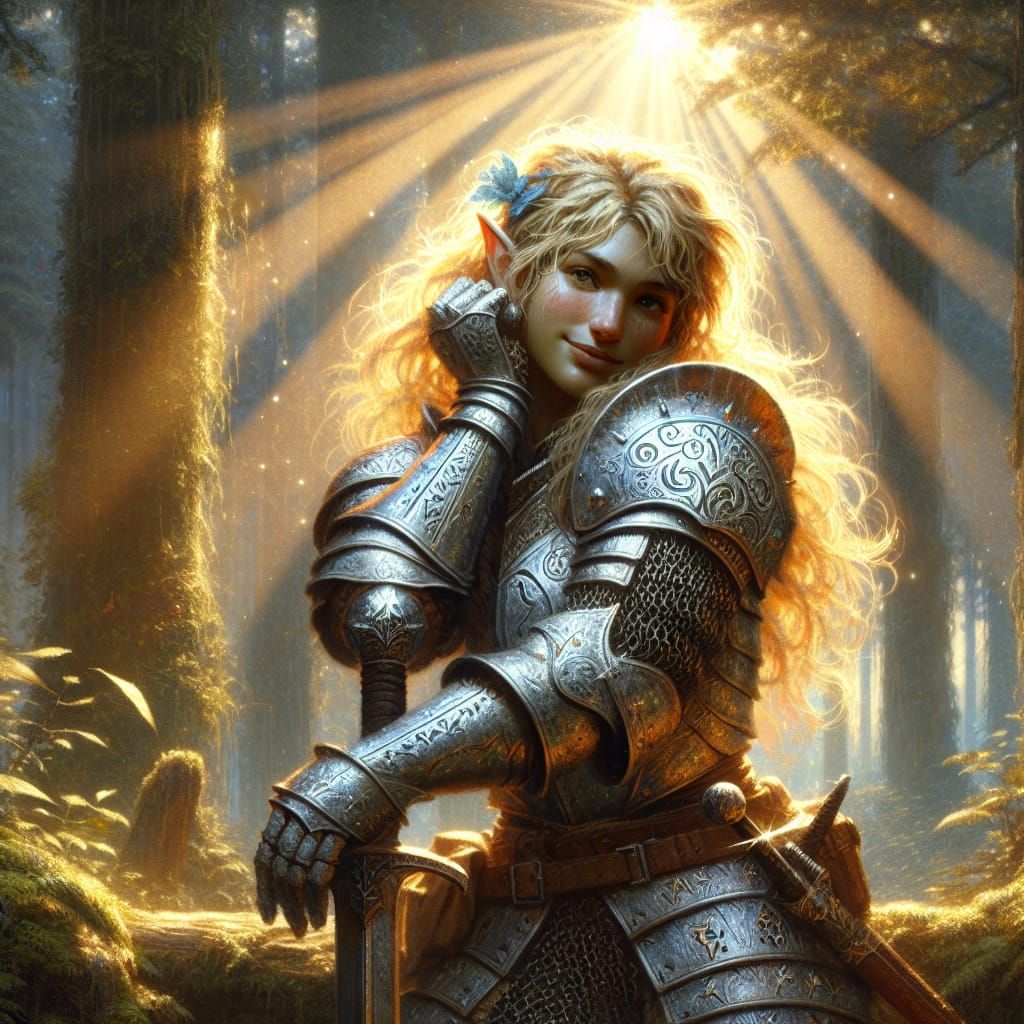 Hyper-Realistic Elf Knight in Medieval Armor, Wielding a Dwa...