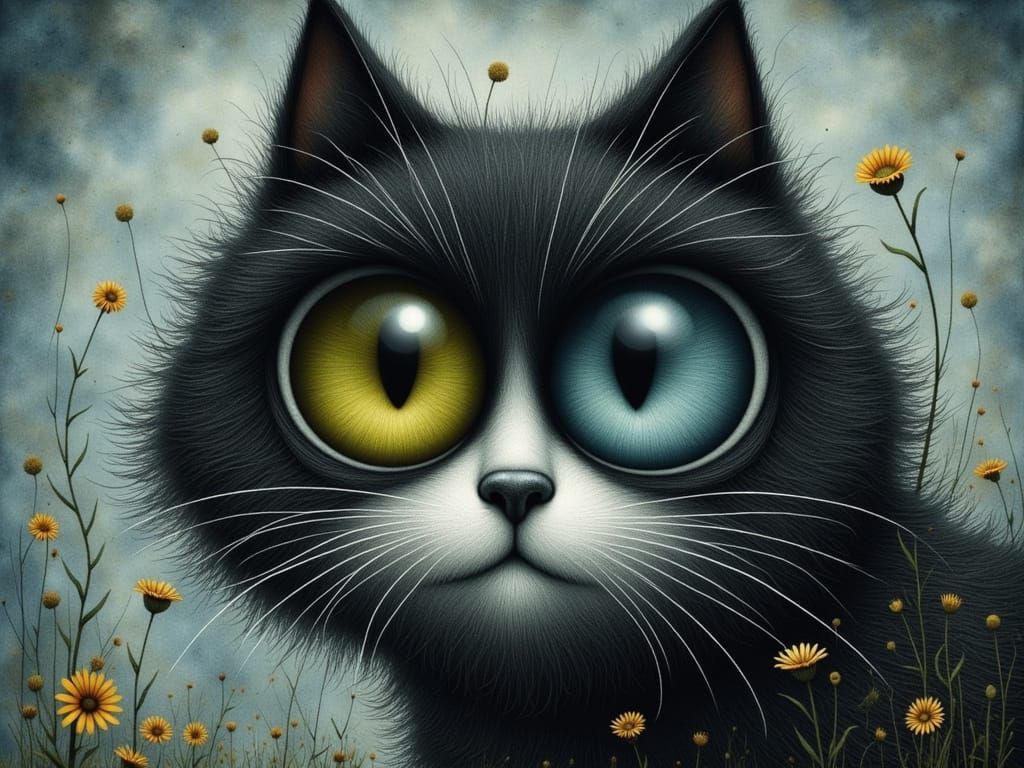 Fluffy Dog with Heterochromia in Surreal Style