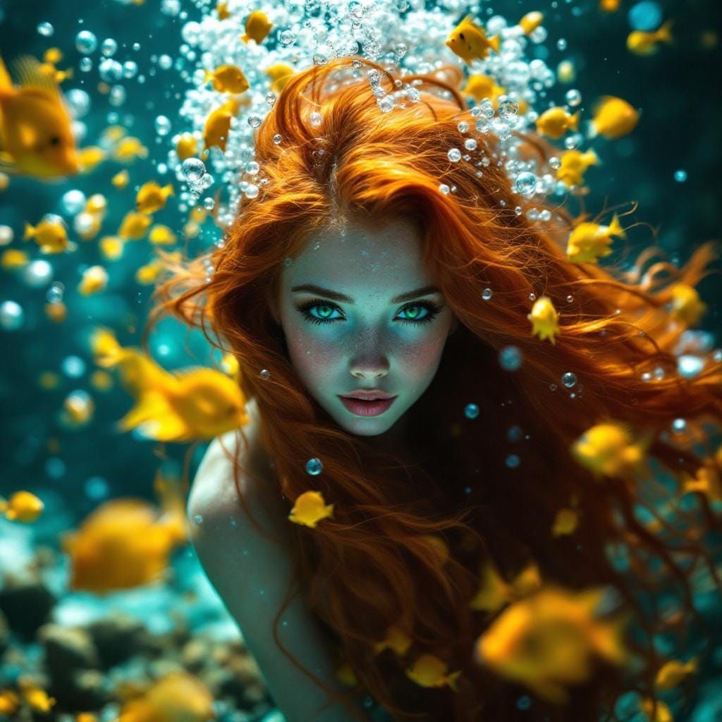 Beautiful Red-Haired Mermaid Undersea Portrait