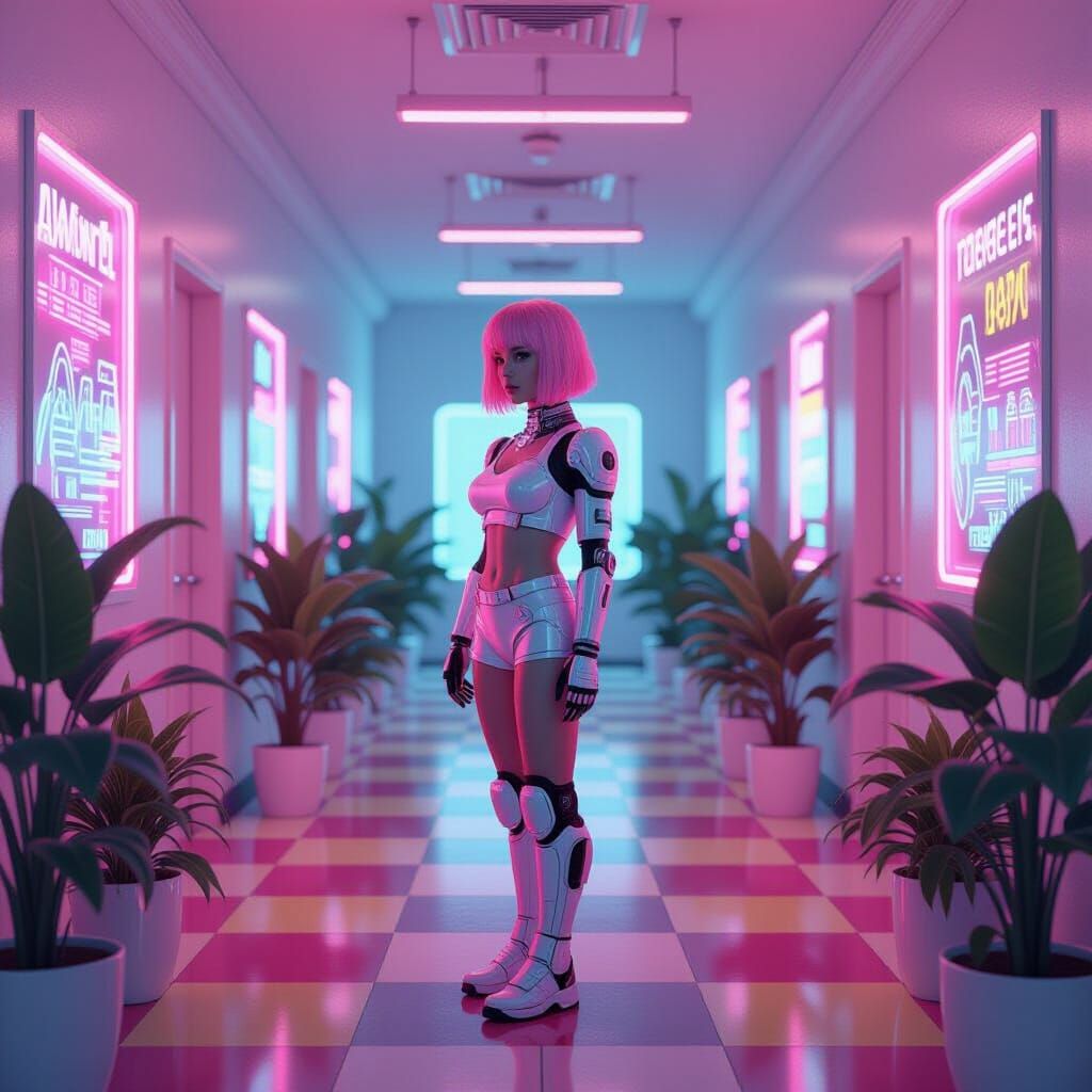 Vaporwave Hallway Scene with Cybernetic Figure