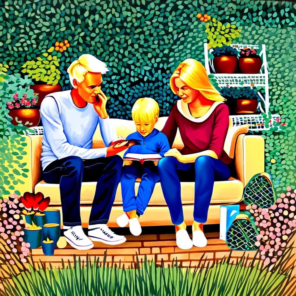 Serene Parent in Lush Garden with Playful Children