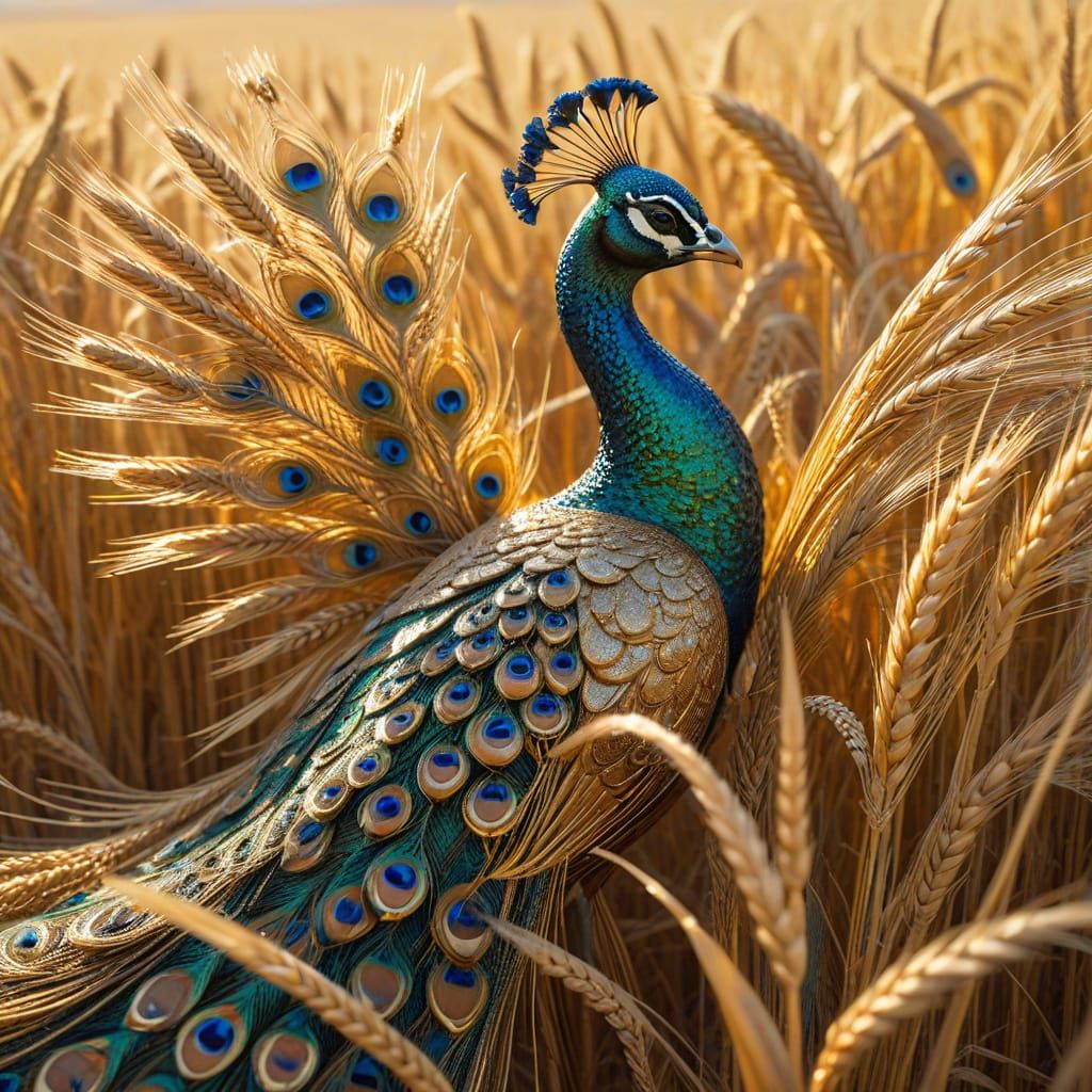 Peacock in Wheat Field, Art Nouveau Style