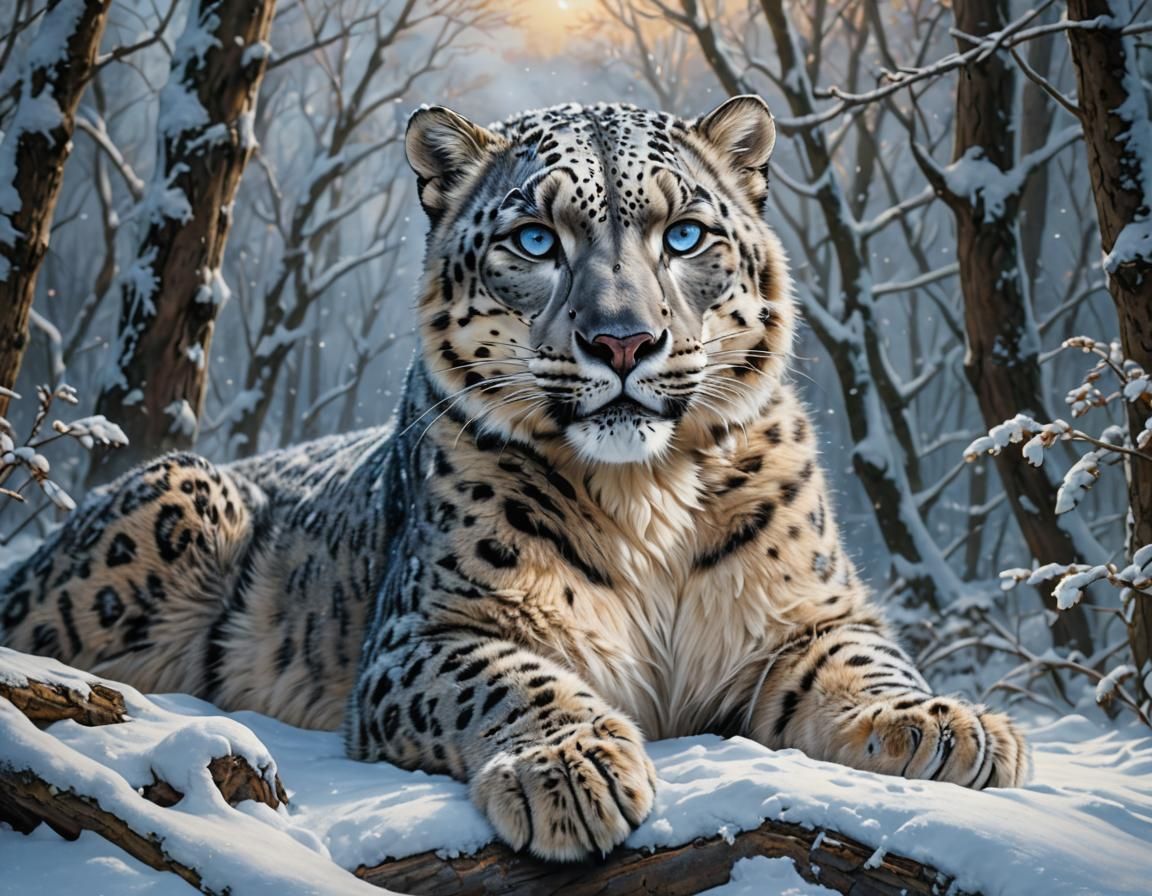 Majestic Snow Leopard in Snowy Forest