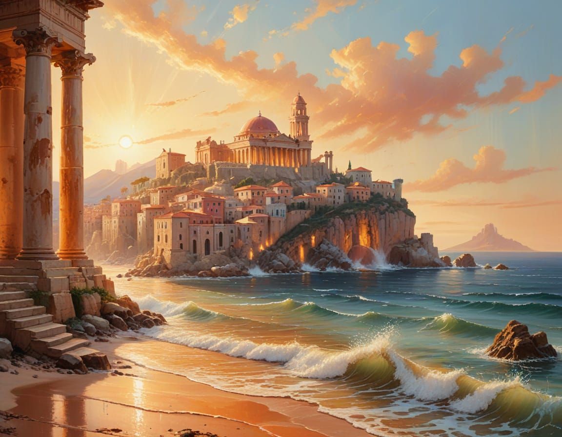 Majestic Atlantis Cityscape Rises from the Sea in Warm Golde...