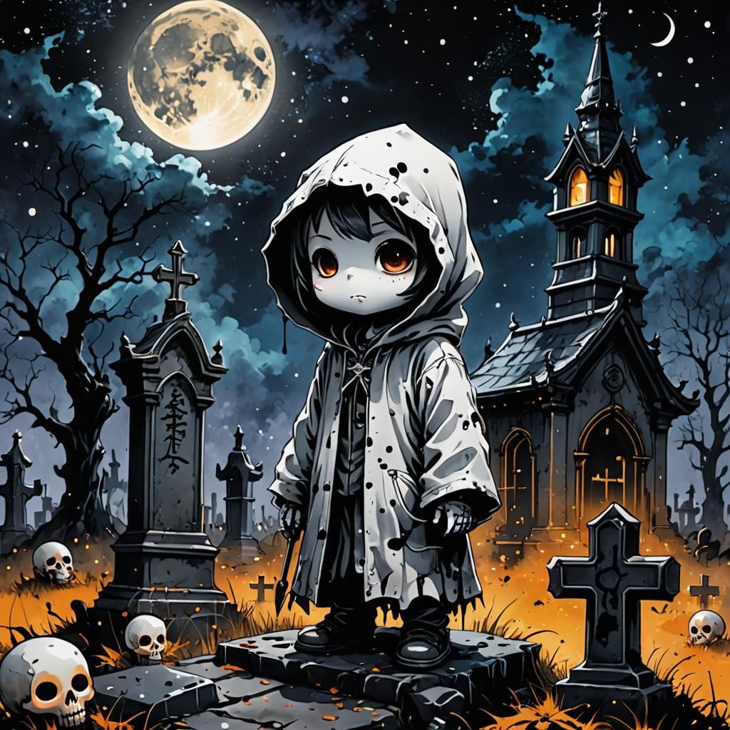 Chibi Ghost at Gothic Graveyard in Ink Splatter Art