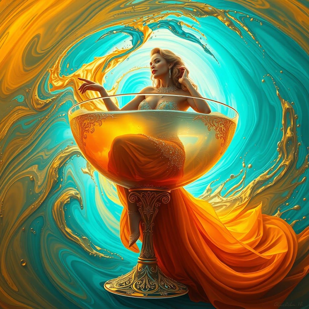 Luxurious Cocktail Scene in Swirling Turquoise and Amber