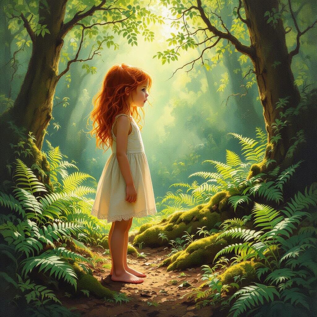 Barefoot Girl in Sun-Dappled Forest, Magical Realism Style