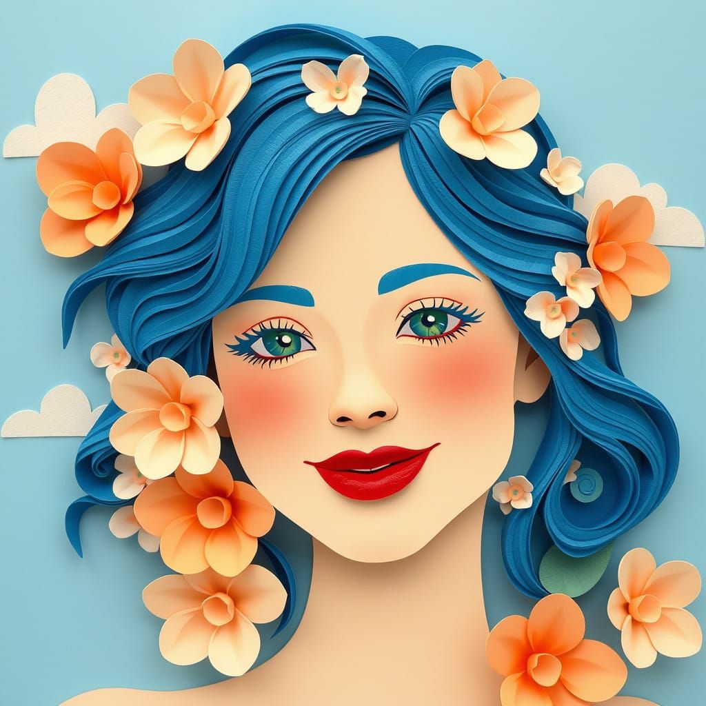 Whimsical Papercraft Portrait in Soft Peach and Ivory