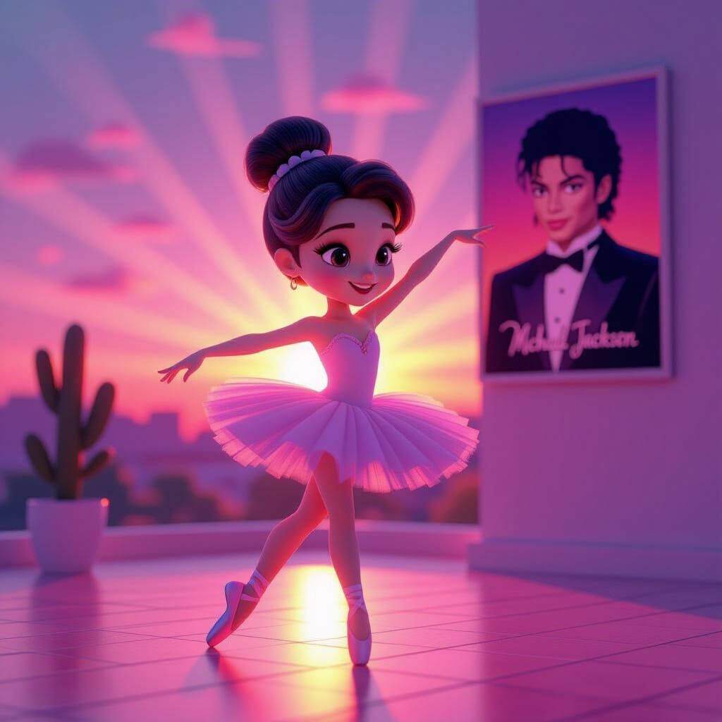 Cartoon Ballerina Dances in Pink Sunset Glow: 3D Digital Art