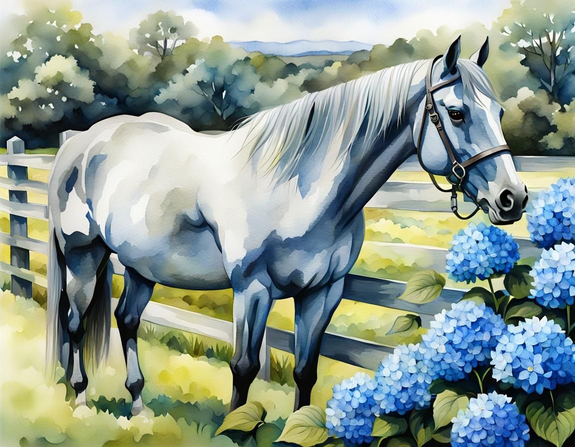Watercolor Horse in Hydrangea Field