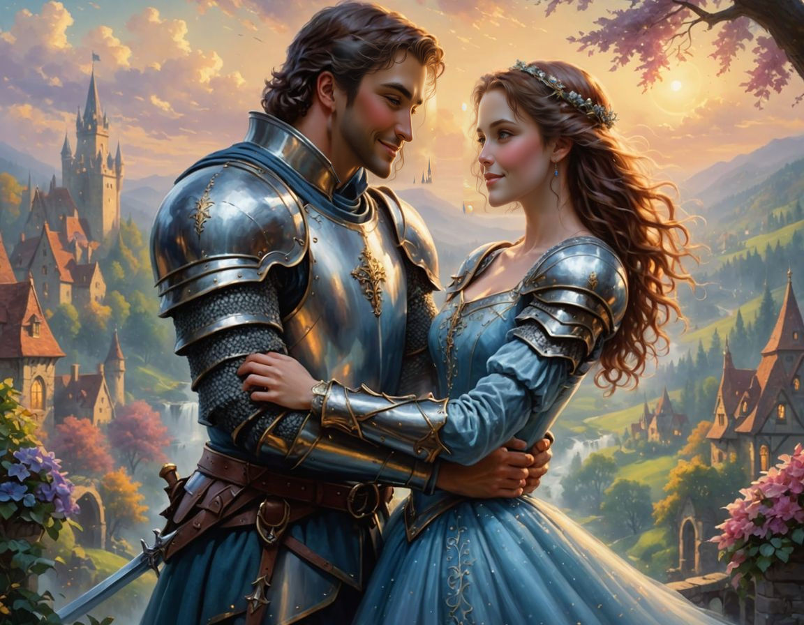 Knight and Lady Embrace in Ethereal Fantasy Painting