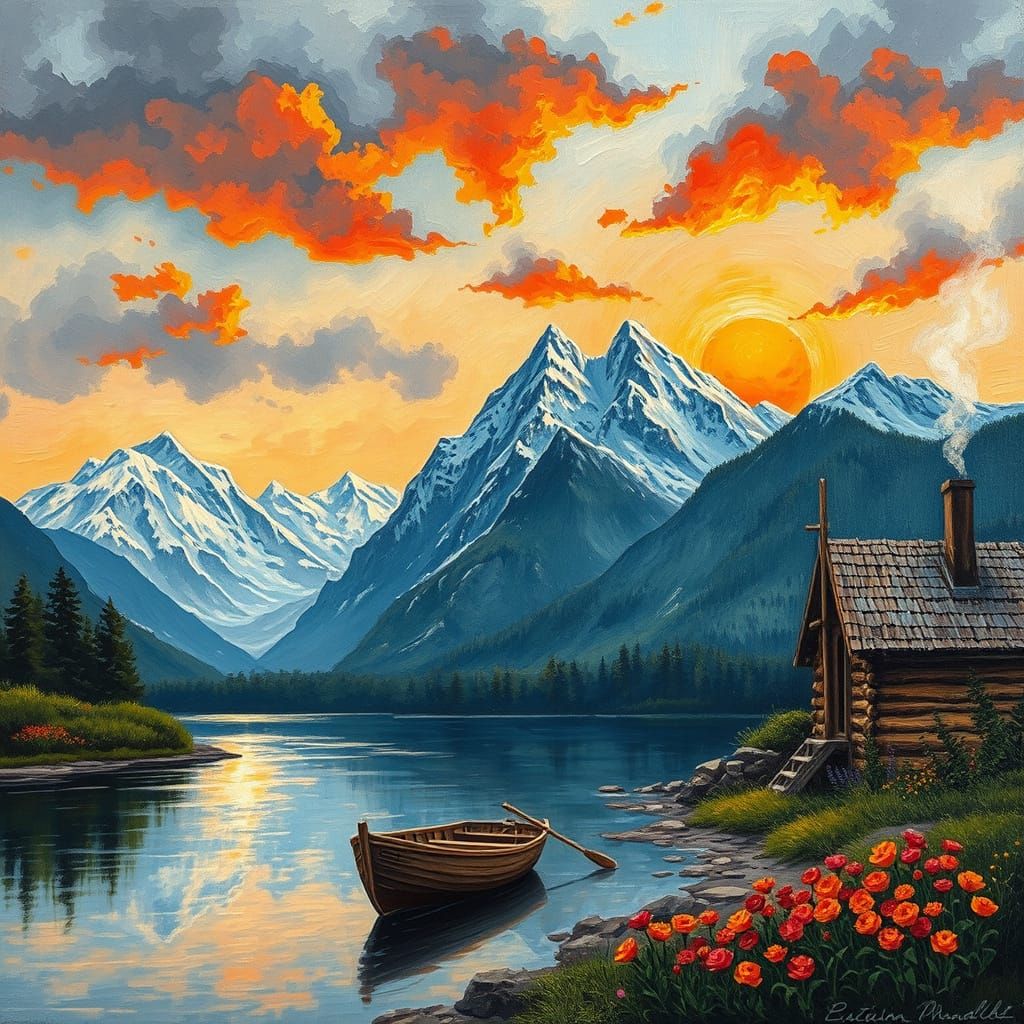 Snowy Mountains and River at Sunset as Impasto Painting