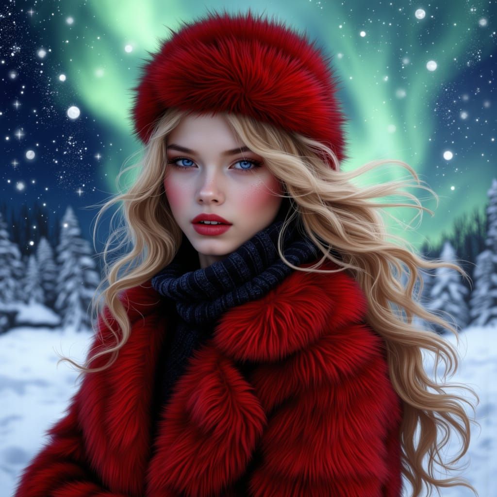 Siberian Princess in Fox Fur Coat Under Aurora Borealis