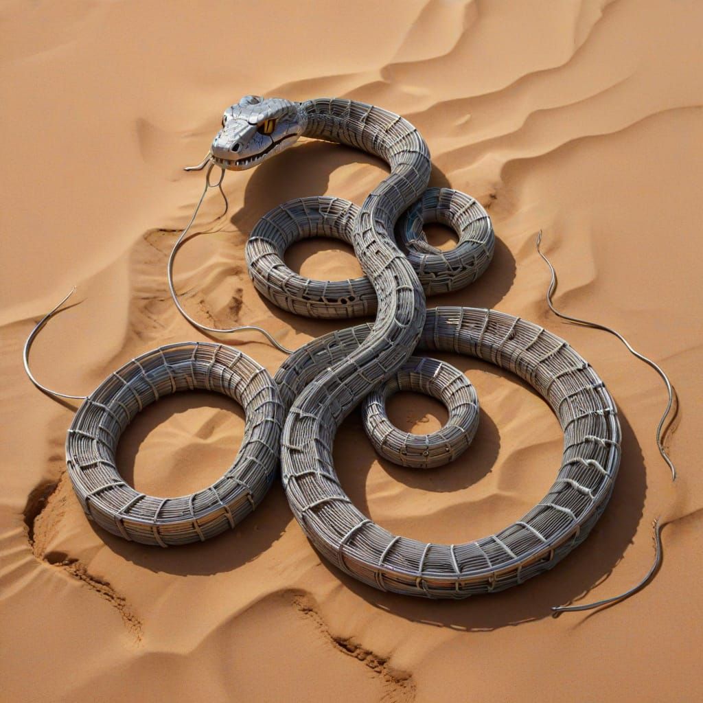 Steel Wire Snake Sculpture on Desert Sand