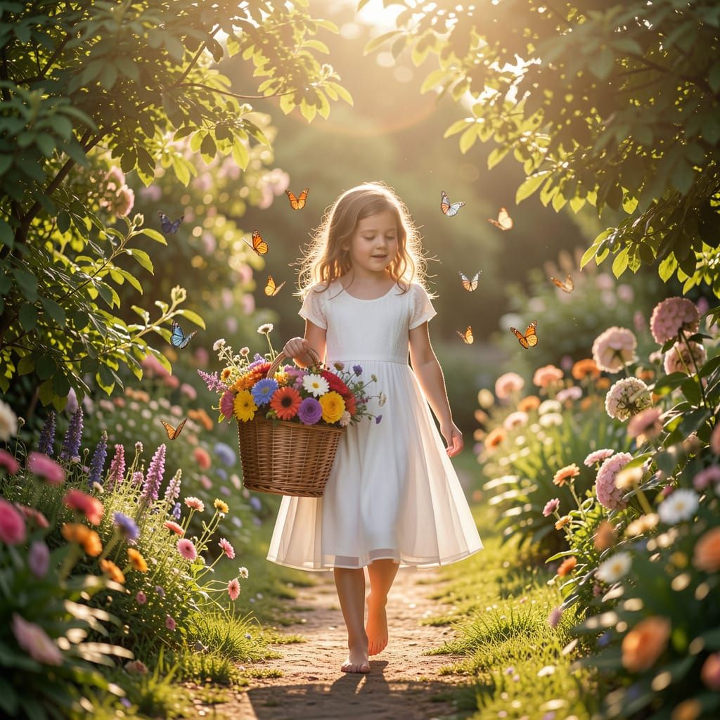 Girl in Blooming Garden with Butterflies