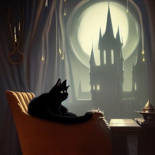 Magical Witch and Cat in Castle, Digital Art