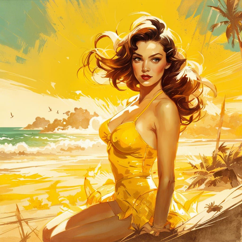 Princess Belle in Yellow Swimsuit, Pin-Up Style