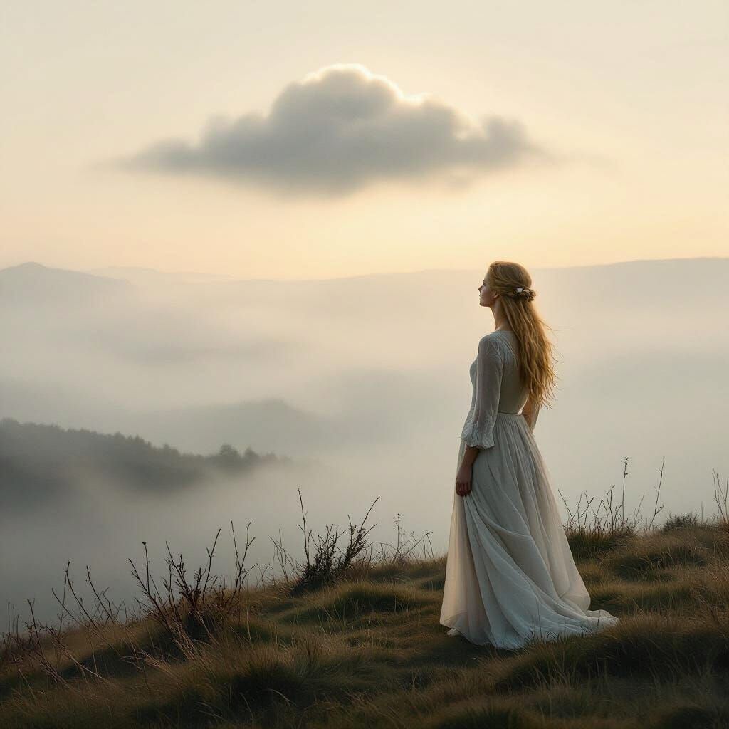 Woman on Misty Hill Gazing at Cloud in Watercolor Style
