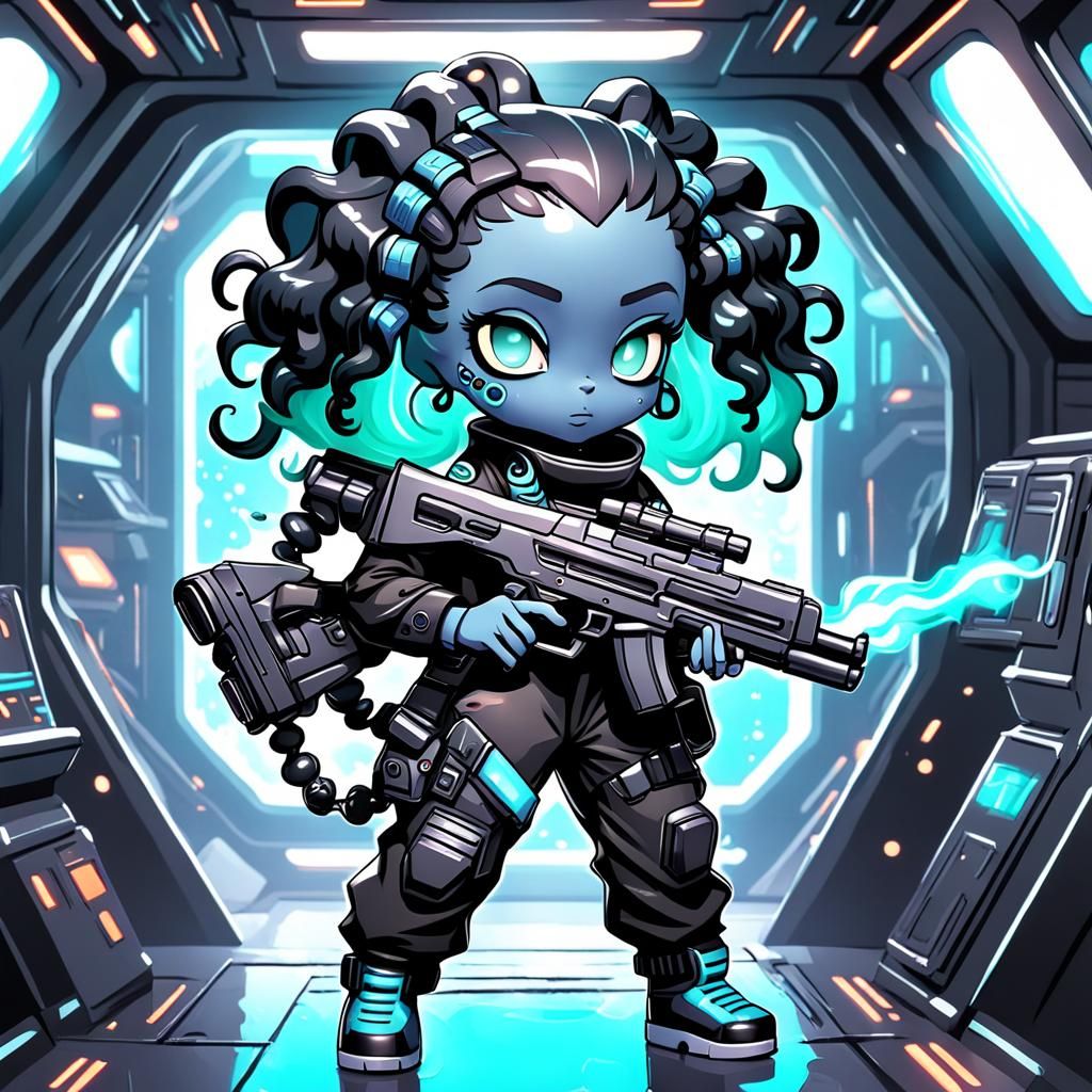 Chibi Alien Me As A Blue Sci-fi Space Alien In Black Holding...
