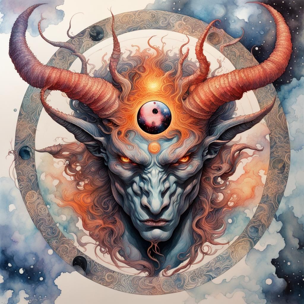 Epic Cosmic Demon Art Nouveau Watercolor