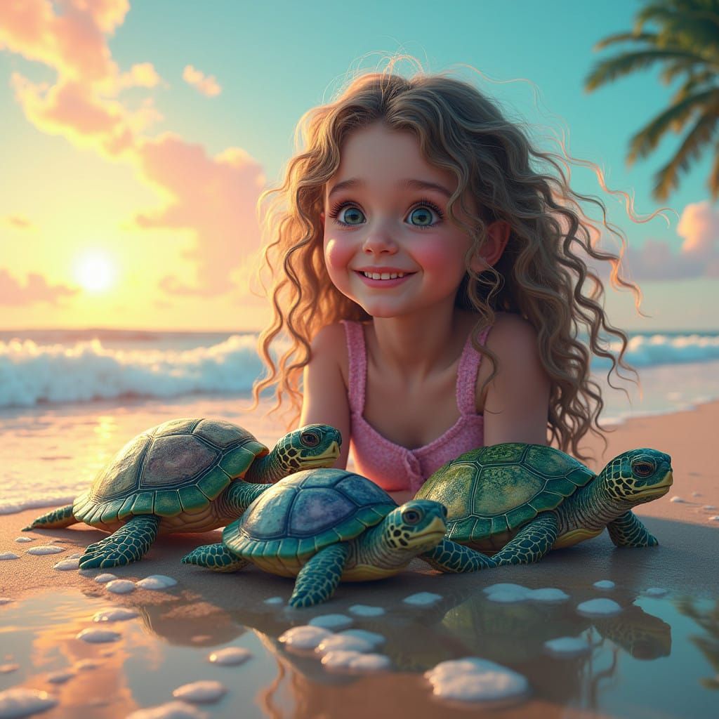 Fantastical Beach Scene with Turtles and a Curly-Haired Girl...