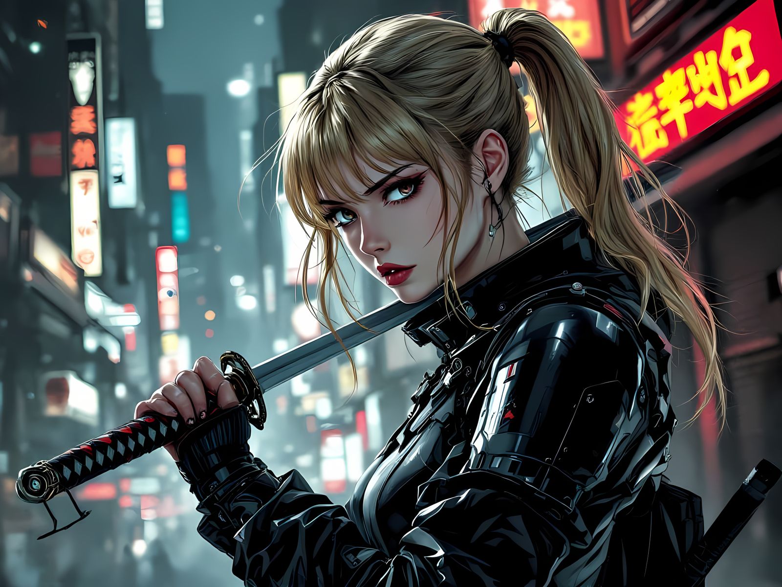 Serious Schoolgirl Warrior in Dark Cyberpunk Cityscape